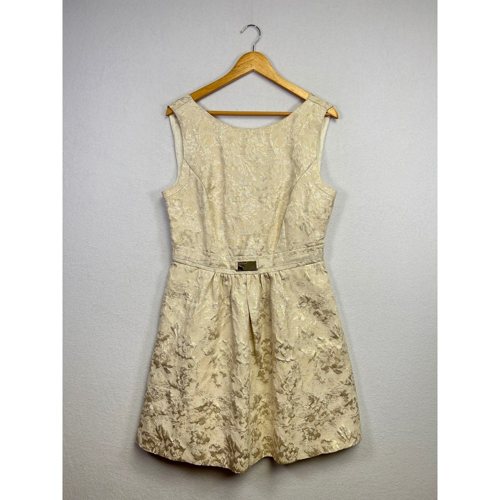 Elegant Gold Floral Brocade‎ Belted Fit Flare Dress Women's Occasion Party